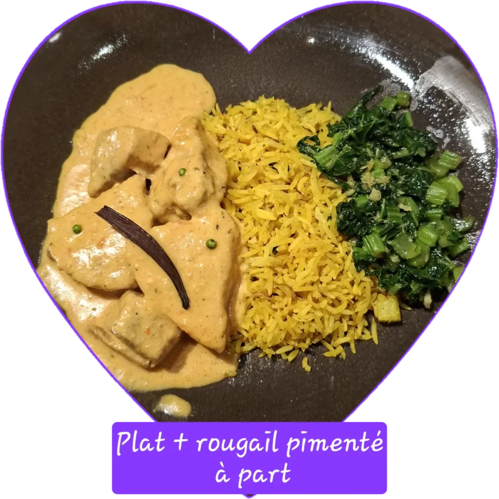 Plat principal du dîner : volaille, riz basmati et grains lontan